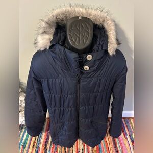 Columbia Hooded Puffer Jacket Faux Fur Hood Snow Coat Winter Ski Outdoor Blue XL
